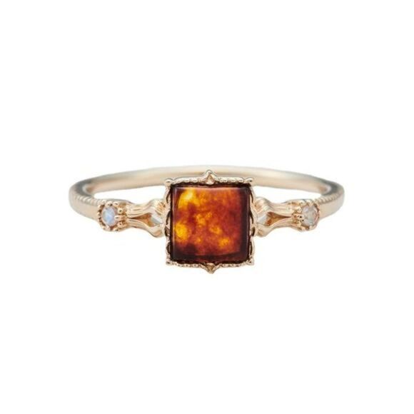 New Sterling Silver Amber Ring, Gold Vintage Style Amber Gemstone Ring Size 8 - Picture 3 of 6